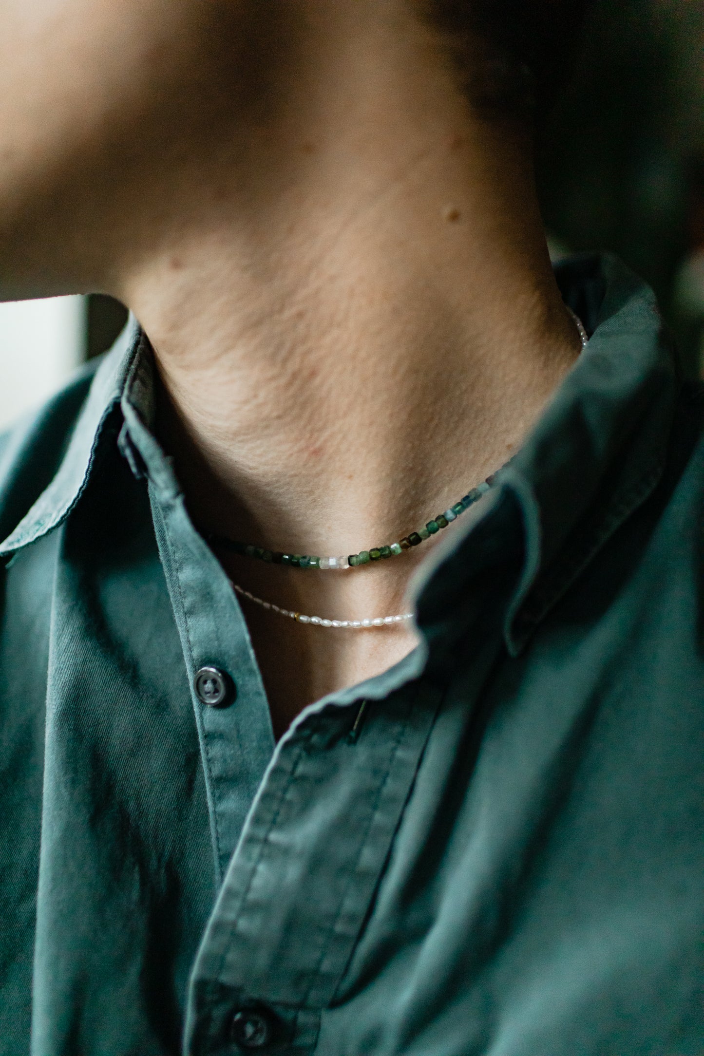 Mens + Womens Polished Tourmaline Necklace in shades of green