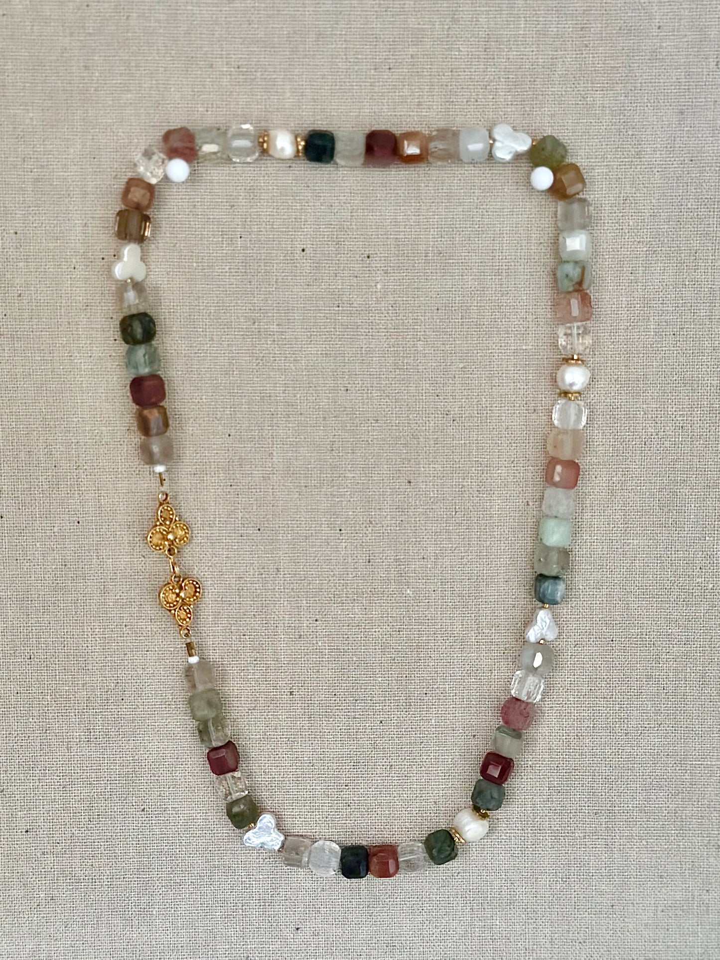 Side slip clasp colorful quartz and freshwater pearl necklace (one of a kind) with sterling silver and 14kt gold