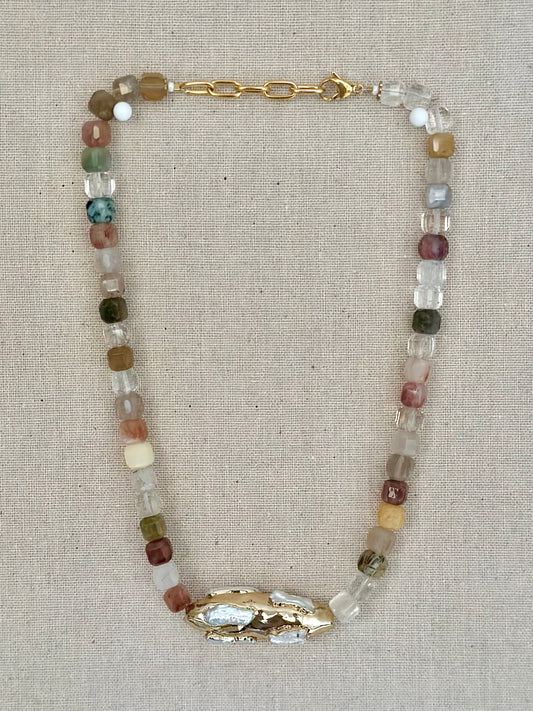Colorful quartz and freshwater pearl necklace