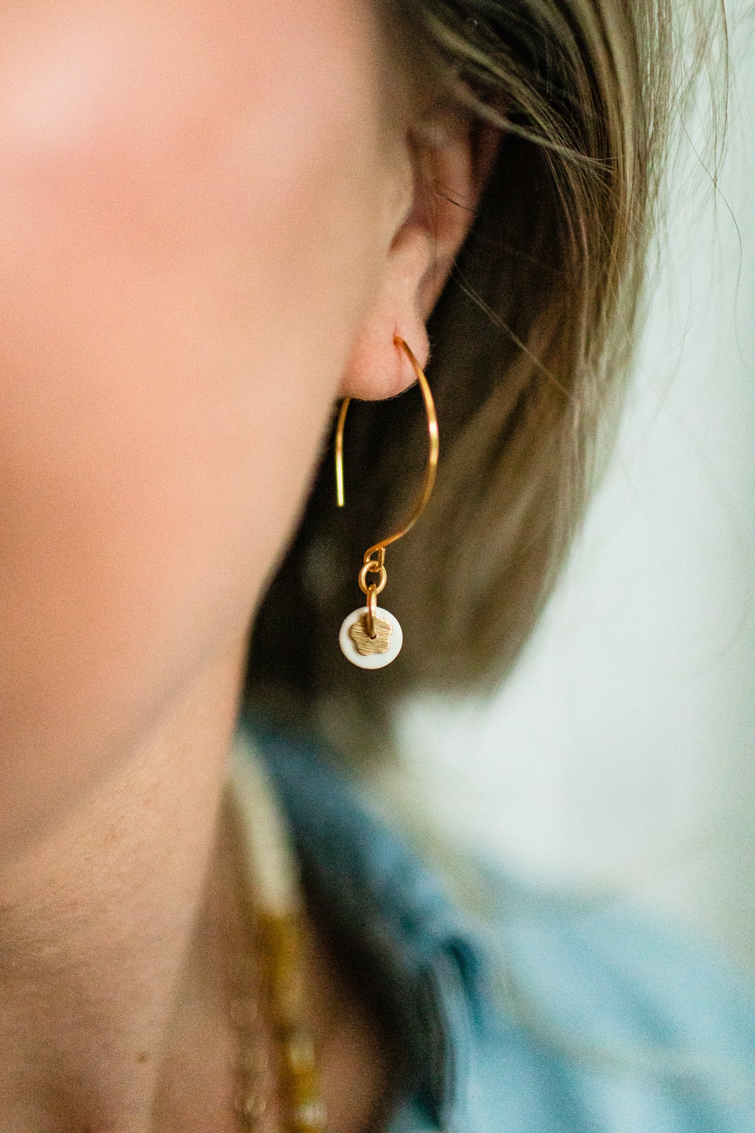 Floral earrings on 14kt gold and sterling wires in blue or cream